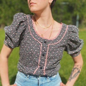 Handmade Calico Prairie Puff Sleeve Button Down Top